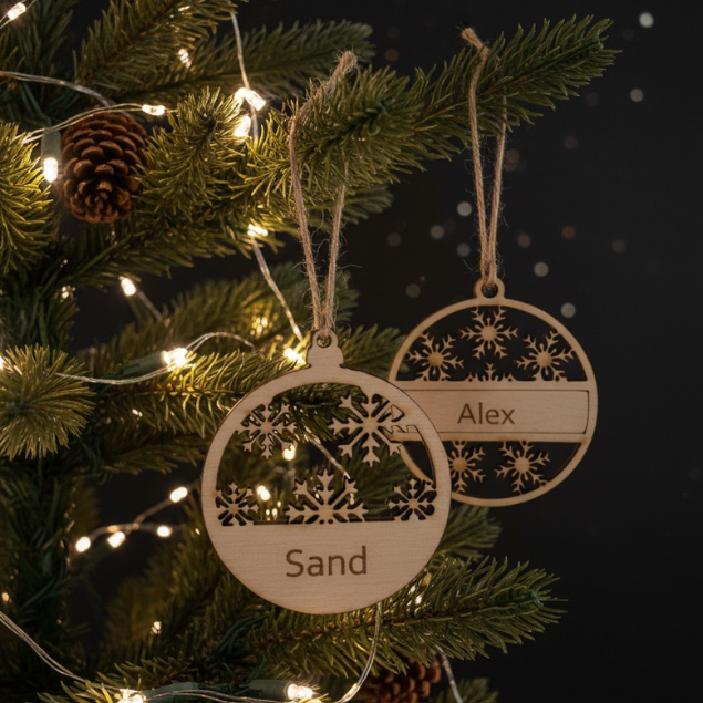 Boule de Noël flocon en bois personnalisée — gravure prénom ou texte au choix – Image 4
