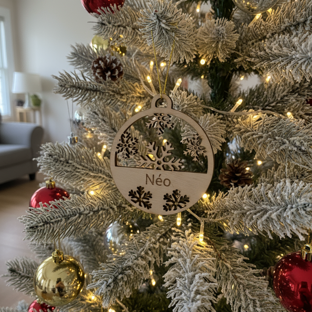 Boule de Noël flocon en bois personnalisée — gravure prénom ou texte au choix – Image 3