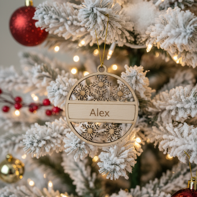 Boule de Noël flocon en bois personnalisée — gravure prénom ou texte au choix – Image 2