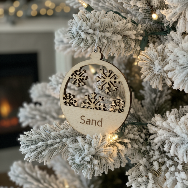 Boule de Noël flocon en bois personnalisée — gravure prénom ou texte au choix – Image 5