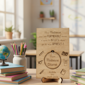 Plaque merci maîtresse en bois personnalisée – Gravure prénom et année