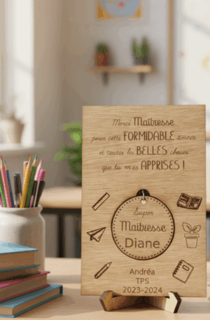 Plaque merci maîtresse en bois personnalisée – Gravure prénom et année