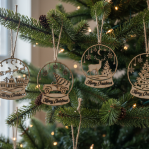 Boules de Noël en bois personnalisées – 6 modèles au choix, texte ou prénom à graver