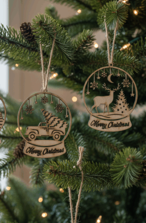 Boules de Noël en bois personnalisées – 6 modèles au choix, texte ou prénom à graver