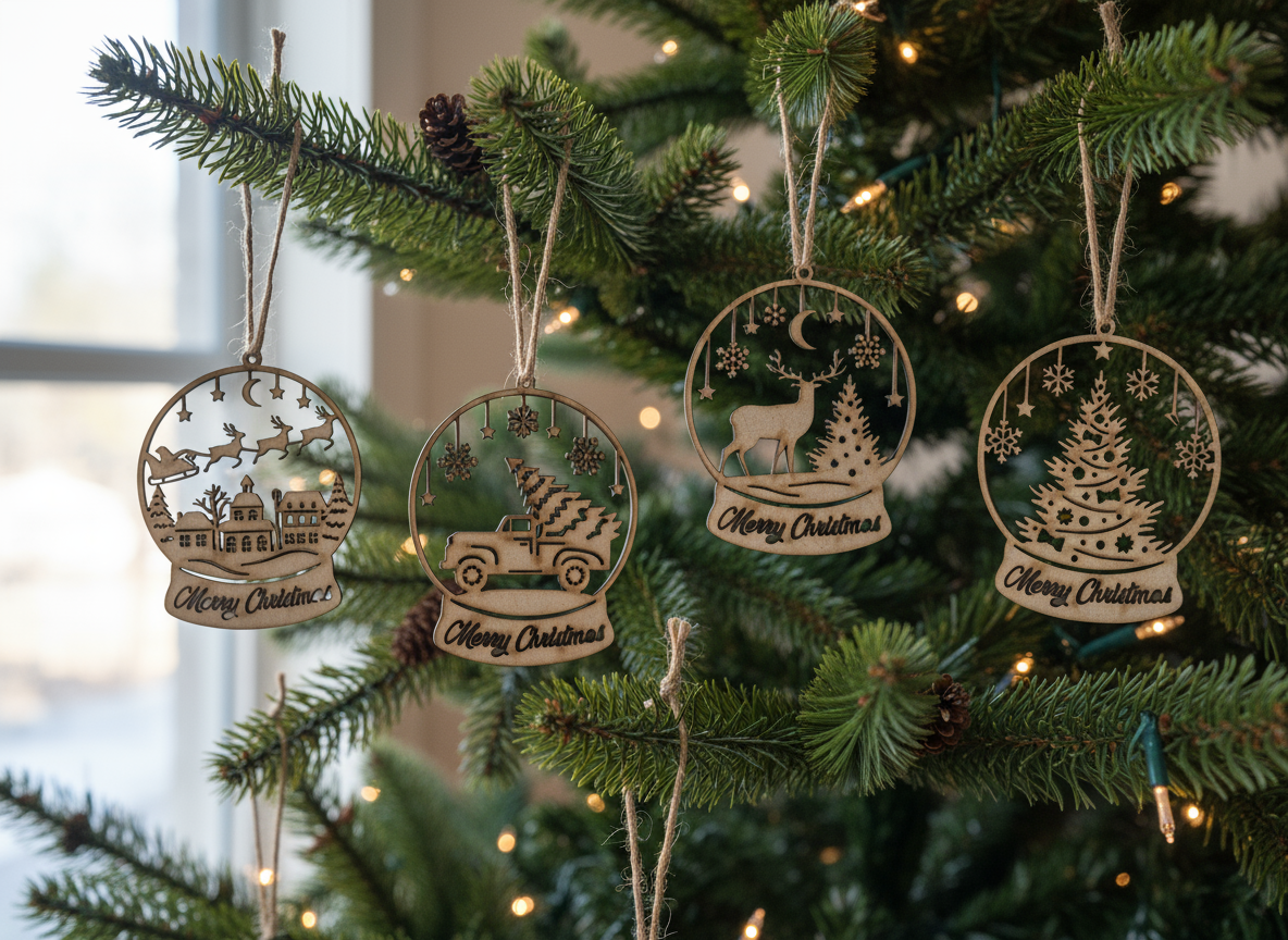 Boules de Noël en bois personnalisées – 6 modèles au choix, texte ou prénom à graver