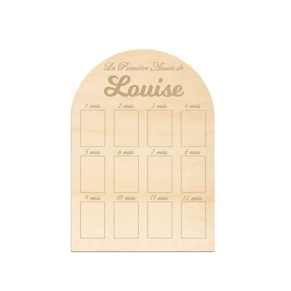 Tableau photo en bois personnalisé – Ma première année de bébé (prénom au choix)