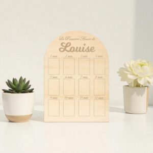 Tableau photo en bois personnalisé – Ma première année de bébé (prénom au choix)