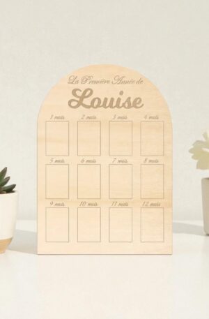 Tableau photo en bois personnalisé – Ma première année de bébé (prénom au choix)