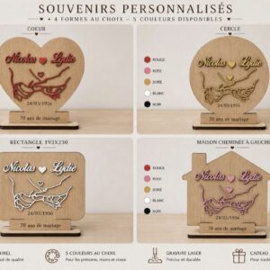 Cœur en bois personnalisé couple – Prénoms et date gravés – Cadeau amoureux, mariage, Saint-Valentin